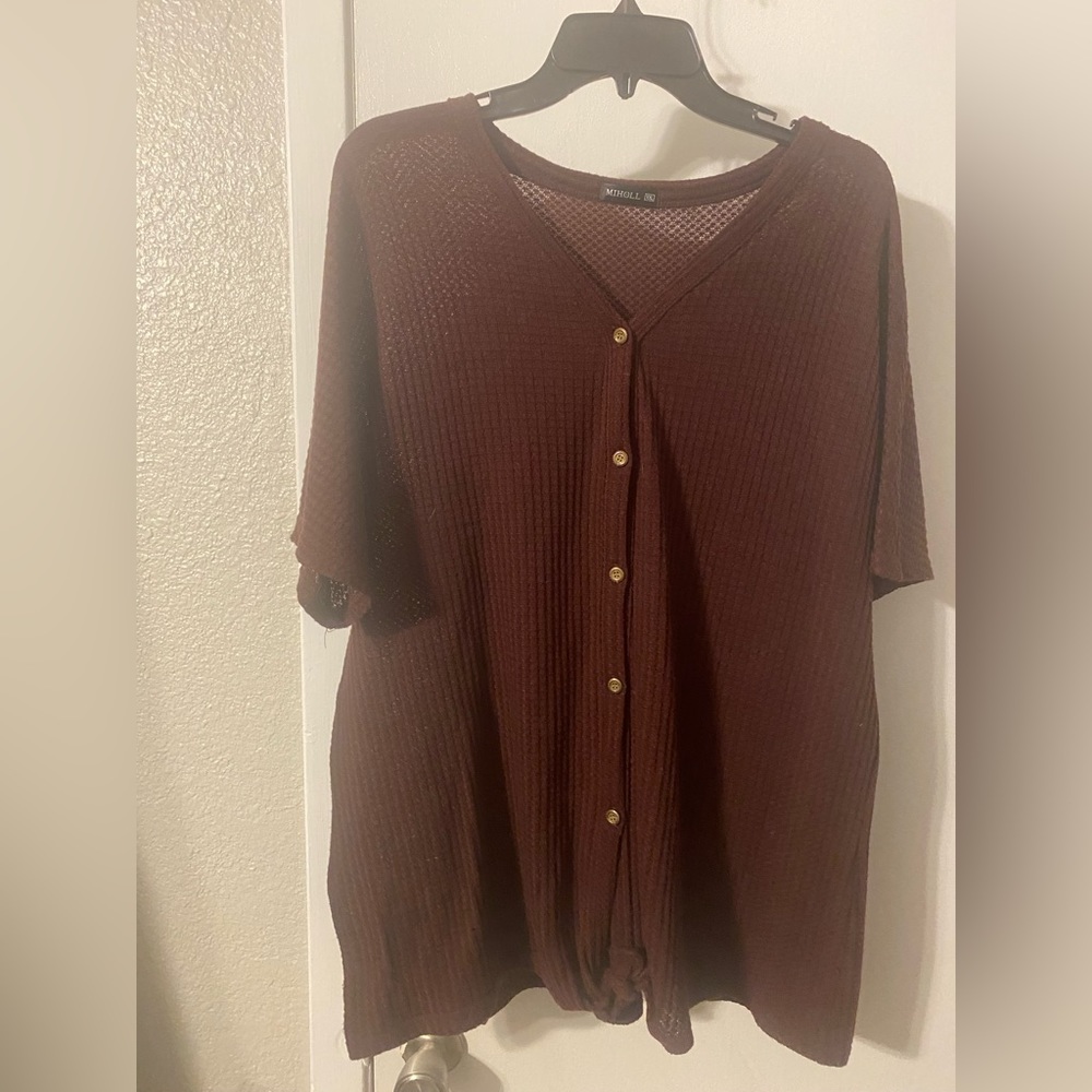 MIHOLL Womens Loose Blouse Short Sleeve V Neck Button Down Tie Front Knot Top